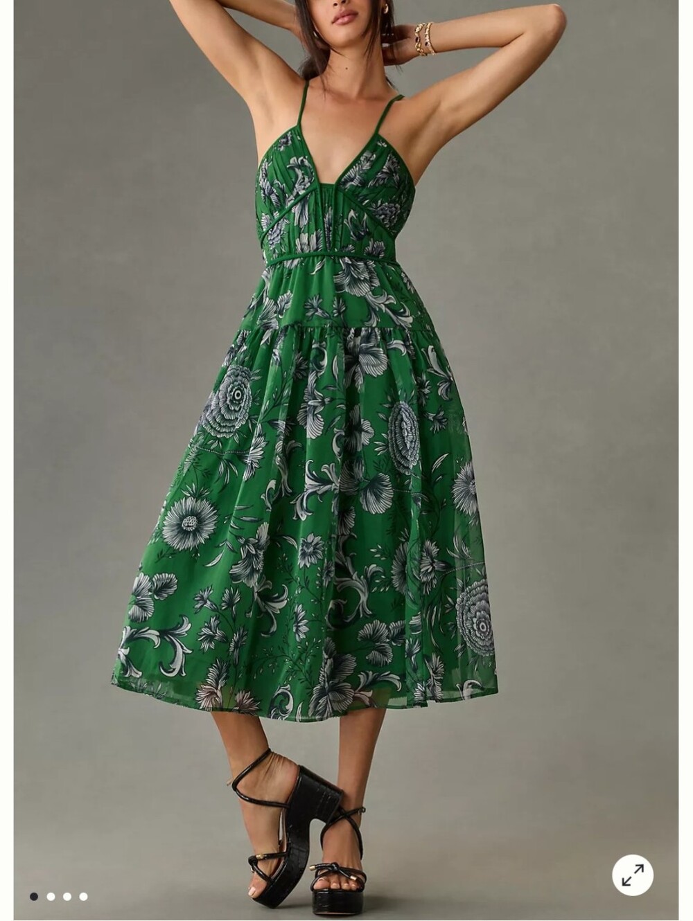 By Anthropologie V-Neck Green Floral Halter Midi Dress Size S